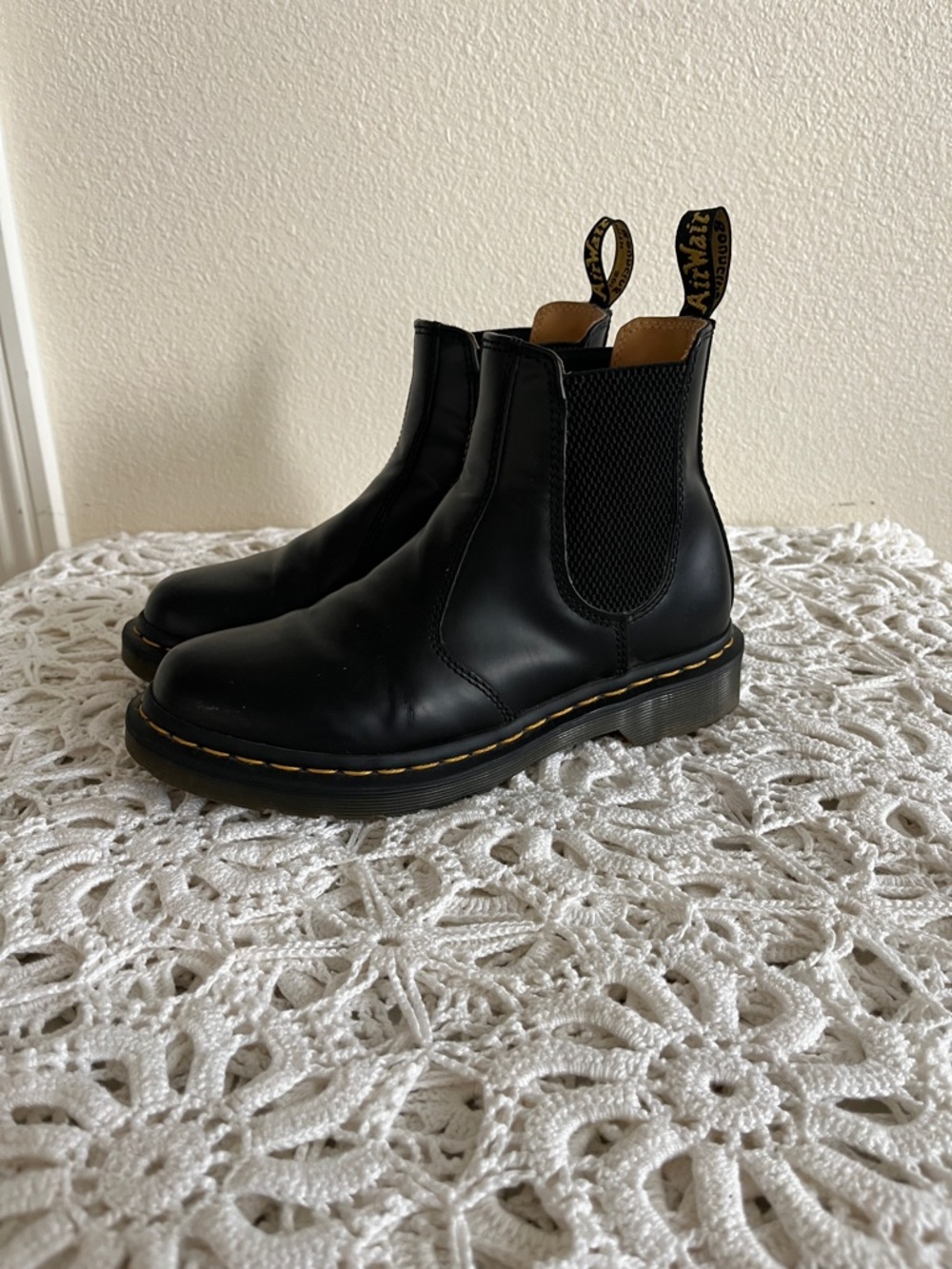Dr. Martens Black Leather Chelsea Boots with Yellow Stitching